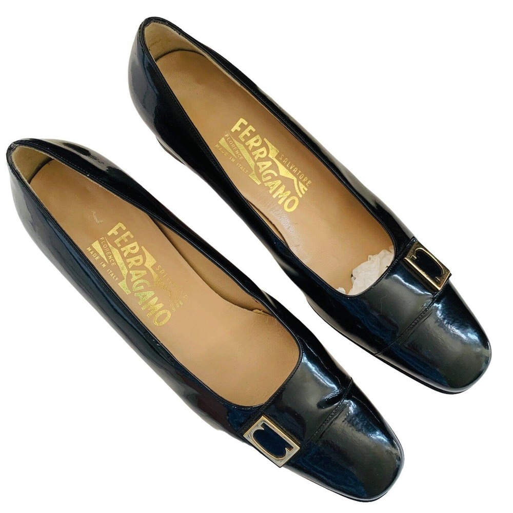 Salvatore Ferragamo Black Patent Leather block Heels Pump Gold‎ Buckle 7.5 AA